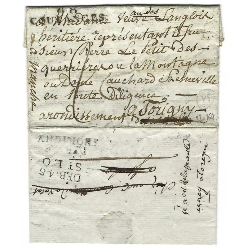 MP 48 \\/ COUTANCES sur lettre avec 2 marques de déboursé 1814, R. Livraison Gratuite