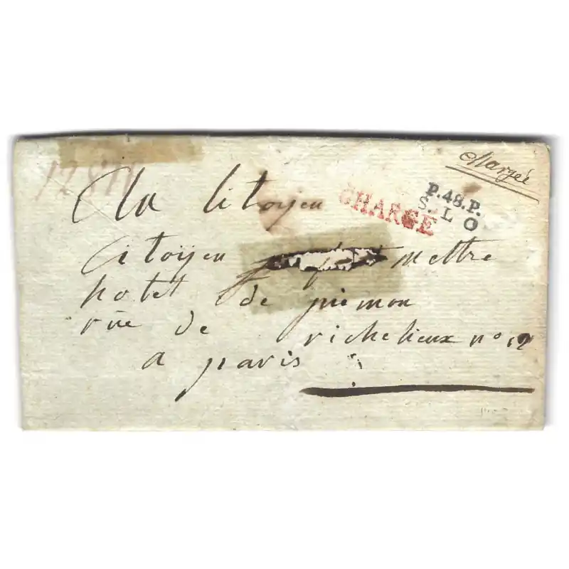 Marque postale P.48.P. \\/ S.LO sur lettre chargée pour Paris 1793. Artisanat