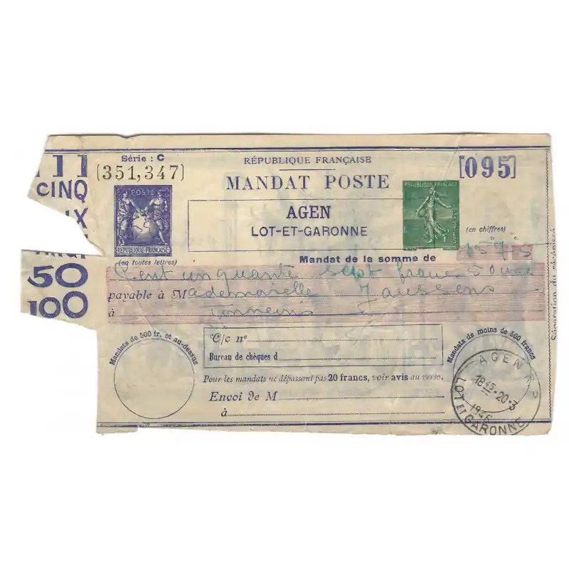 Jusqu’à Épuisement Des Stocks Mandat poste Semeuse lignée verte + Sage avec globe, 1945.