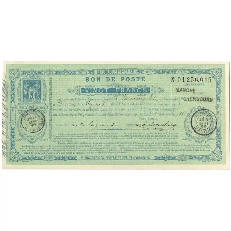 Livraison Mondiale Bon de poste 20 francs type Sage bleu 1888, R.