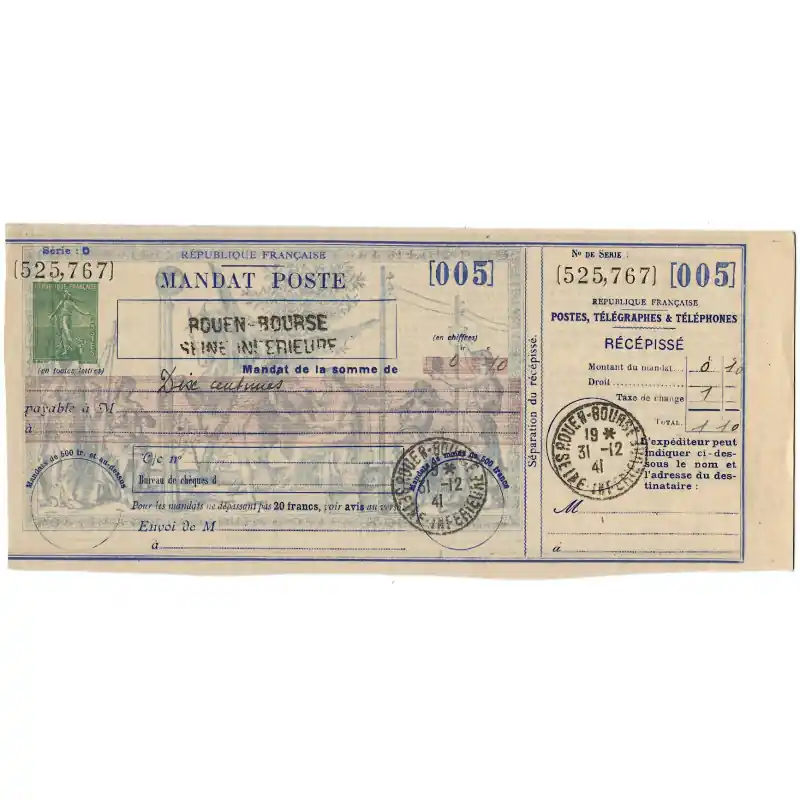 Achetez Aujourd’hui Mandat poste Semeuse lignée verte 1941, R.