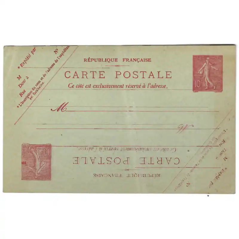 Pas Cher Carte postale 10c. Semeuse lignée double impression tête bêche, R.