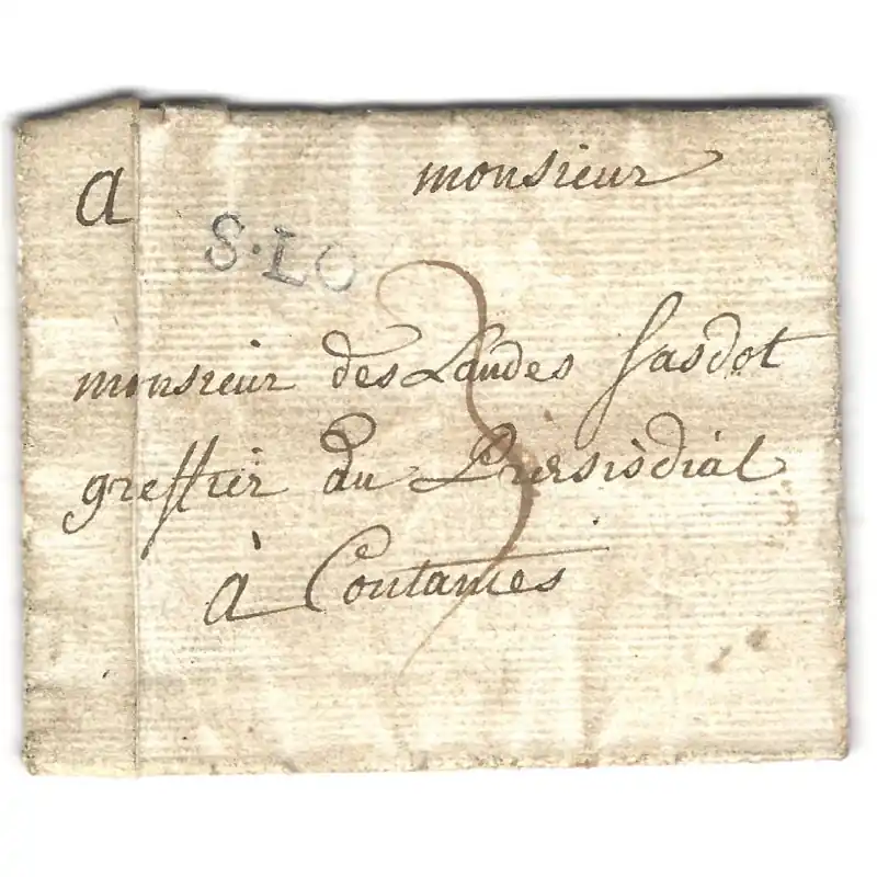 Meilleure Vente Timbre noir S. LO (Saint-Lô) sur lettre pour Coutances 1751.