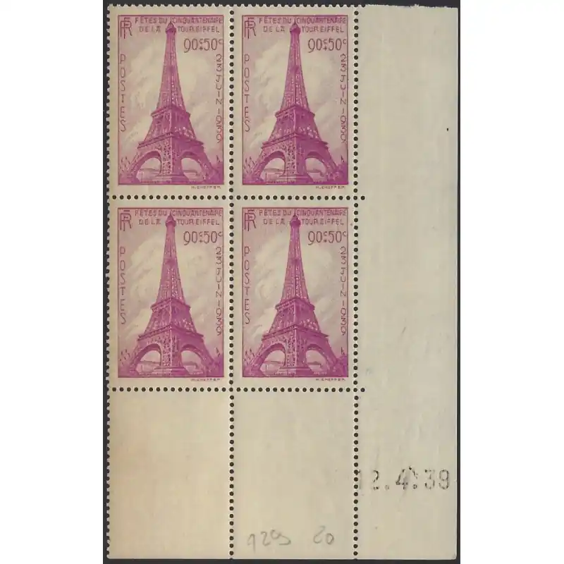 Tour Eiffel timbre de France N°429 bloc coin daté neuf**. Édition Limitée