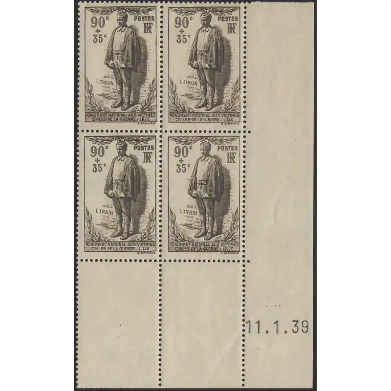 Léon Trulin timbre de France N°420 bloc coin daté neuf**. Bon Plan