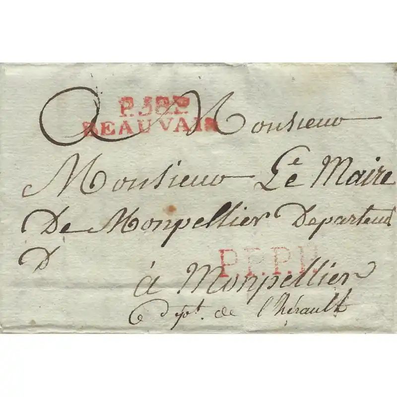Marque postale P.58.P. BEAUVAIS rouge sur lettre P.P.P.P. pour Montpellier 1808. Authentique