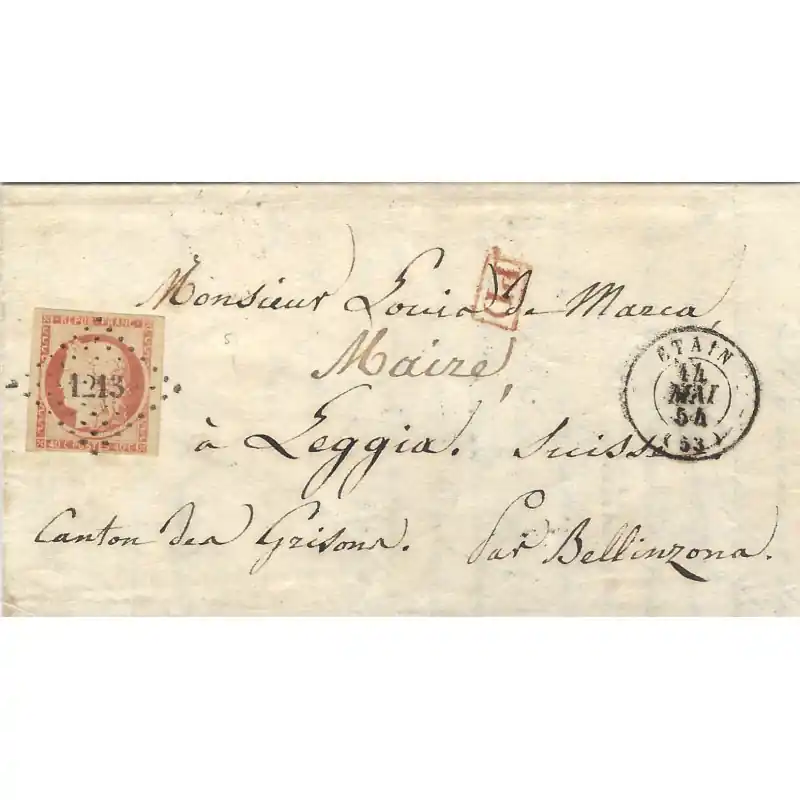 Cérès N°5 oblitéré PC 1213 sur lettre pour Leggia 1854. R Premium