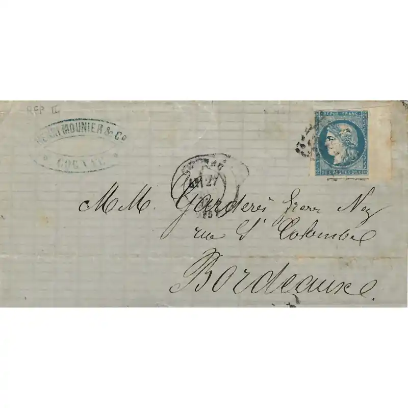 Achat Immédiat Bordeaux timbre de France N°44A grand bdf oblitéré sur pli de Cognac 1871.