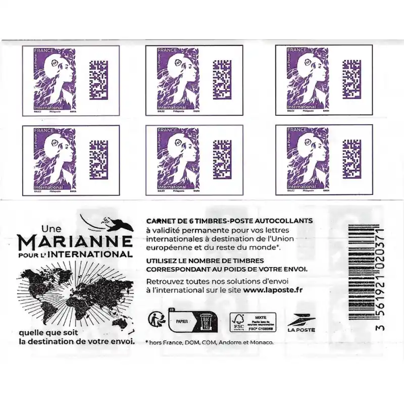 Carnet de 6 timbres Marianne de l'avenir - lettre internationale - Datamatrix. Achetez Aujourd’hui