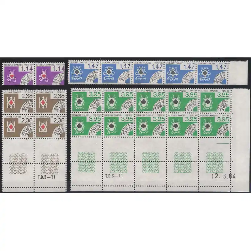 Cartes à jouer timbres préoblitérés N°182-185 en blocs de 10 coins datés neuf**. Certifié