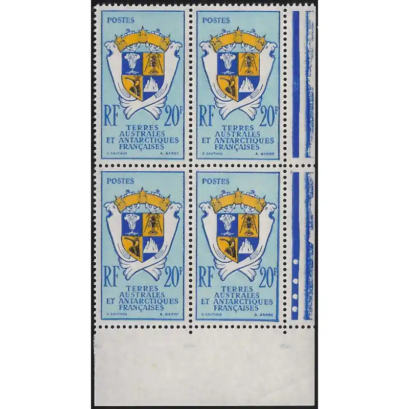 Livraison Express Armoiries timbre T.A.A.F. N°15 bloc de 4 cdf neuf**.