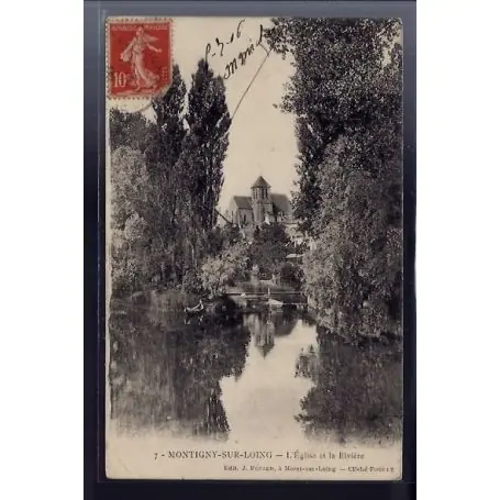 Carte postale 77 - Montigny-sur-Loing - L' eglise et la riviere - Voyage - Dos divise Fait Main