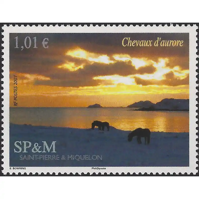 Chevaux d'aurore timbre de Saint Pierre et Miquelon N°863 neuf**. Fait Main
