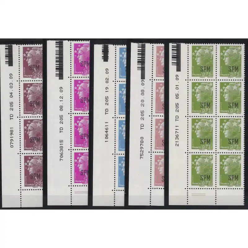 Timbres de Saint Pierre et Miquelon N°967-971 en bloc de 8 coins datés neuf**. Dernier Modèle