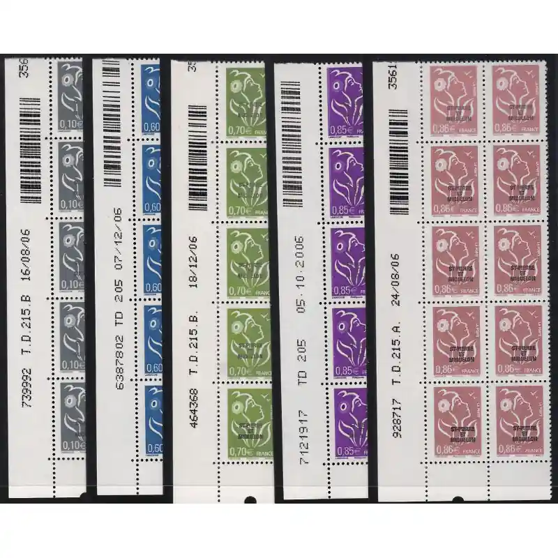 Timbres de Saint Pierre et Miquelon N°886-890 en bloc de 10 coins datés neuf**. Retour Gratuit