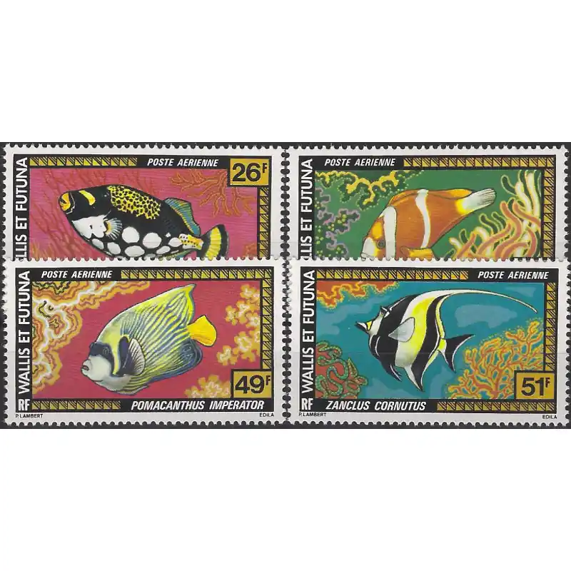 Poissons timbres poste aérienne de Wallis et Futuna N°76-79 série neuf**. Artisanat