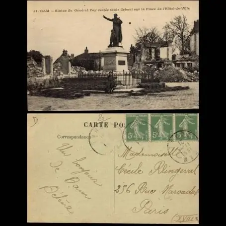 Fait Main Carte postale 80 - Ham - Statue du General Foy