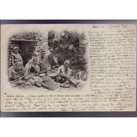 Algerie - Sahara algerien - Femme moulant le ble et femme filant la laine - 1901 Remise