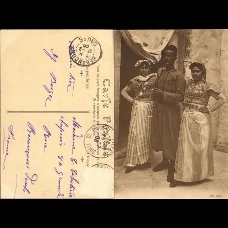 Tunisie - Tirailleur tunisien et ses deux femmes en costume Soldes