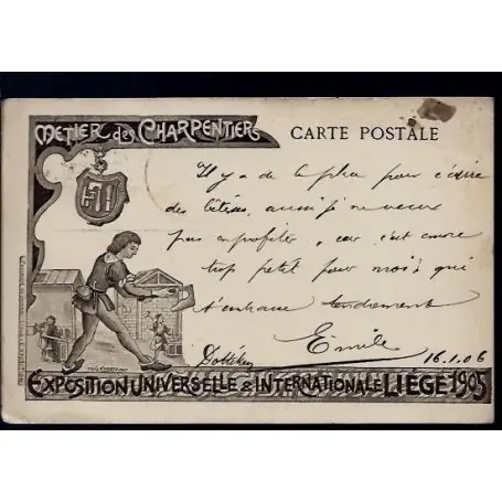 Prix Choc Belgique - Expo. Universelle Liege 1905 - Metier des charpentiers - illustree par Theo Smeets - Edition du journal Liege