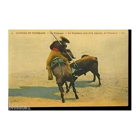 Prix Bas Courses de Taureaux Taureau soulevant cheval et picador